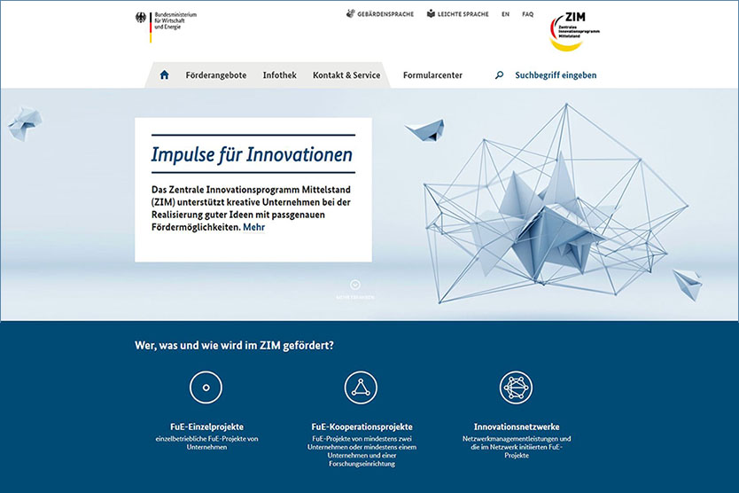 Oberer Bereich der Startseite von www.zim.de